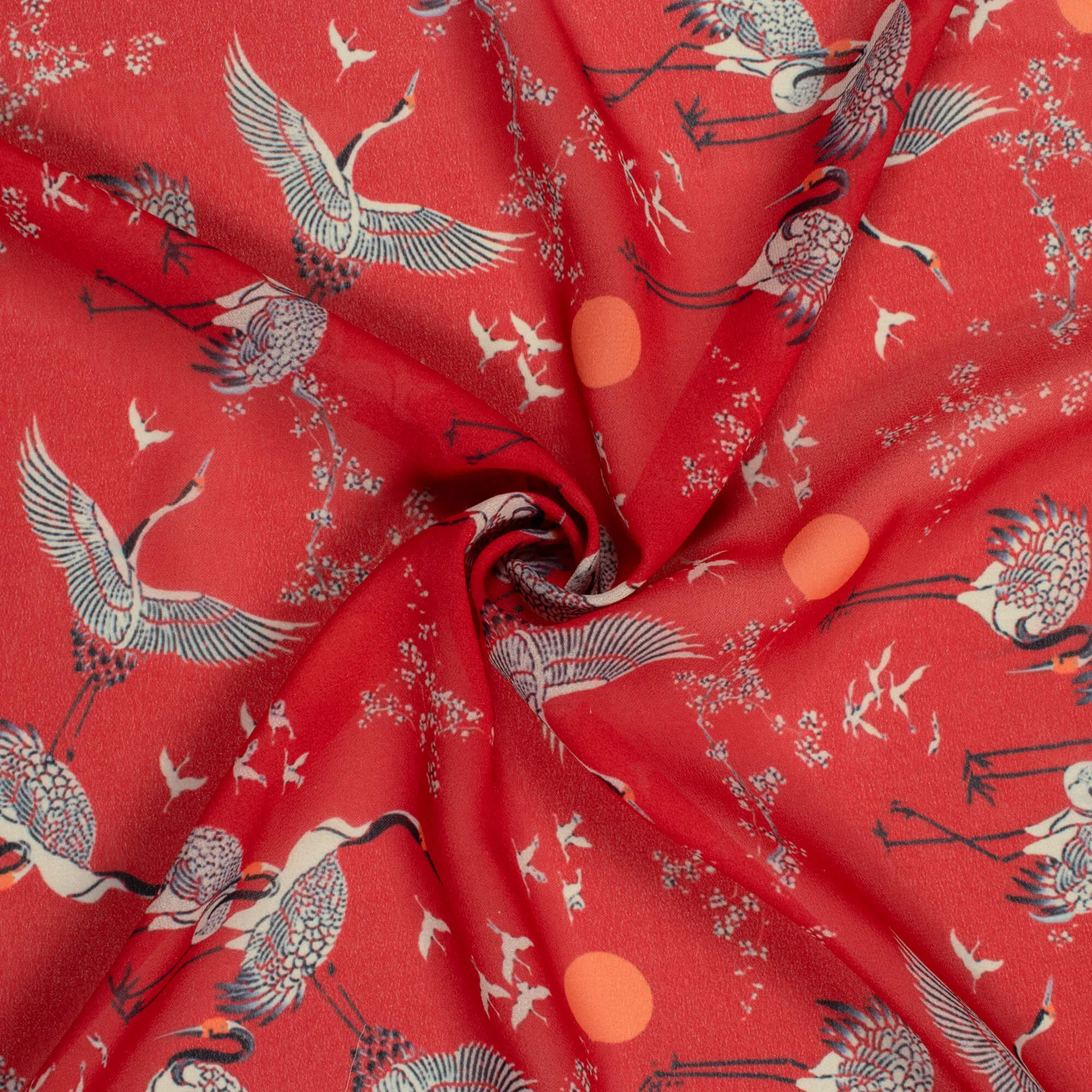 Berry Red And White Bird Pattern Digital Print Georgette Fabric