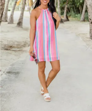 Bohemian Multicolor Striped Chiffon Sleeveless Sling Beach Short Dress