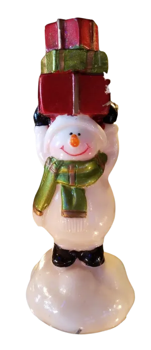 Ceramic snowman with red & green presents on head 5"