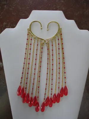 Gold Red Chain, Gold Chain, Acrylic Red Tear Drops Pair Ear Cuffs (EC121)