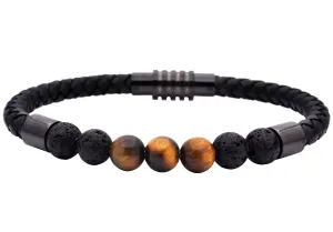 Mens Genuine Tiger Eye and Lava Stone Black Leather Stainless Steel Bracelet